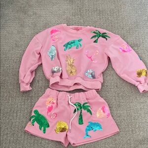 Simply Southern Pink Sequin Sweatshirt and Shorts Set Beach Theme Size S/M